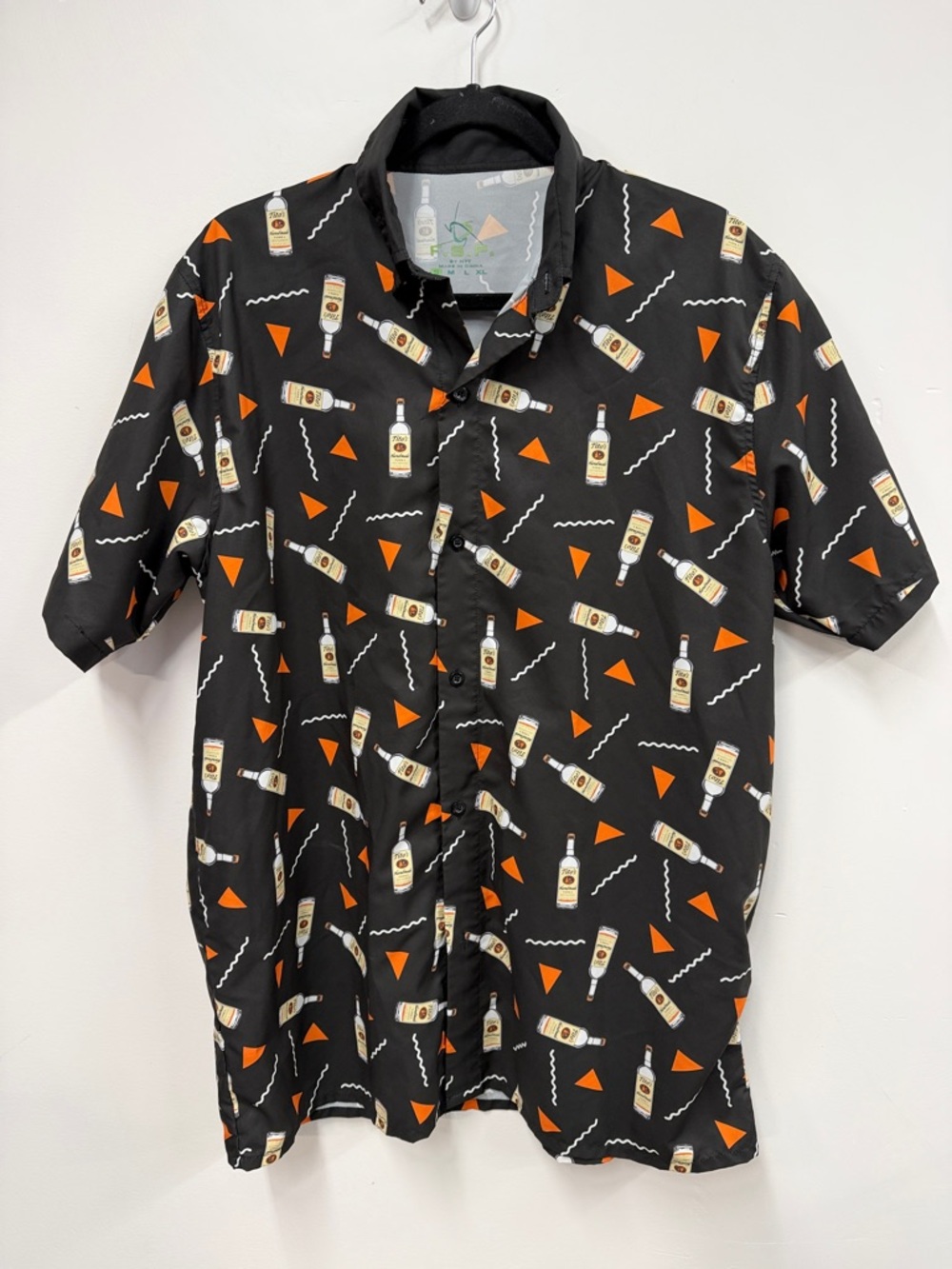 Black Short-Sleeve Button-Down Shirt with Tito's vodka Orange Bottle Print S